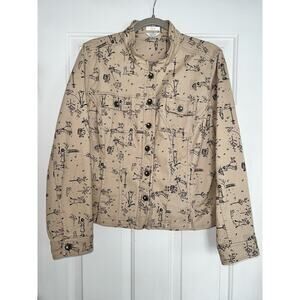 Christopher & Banks Stretch Beige Trucker Jacket Walking Dog All Over Print - XL